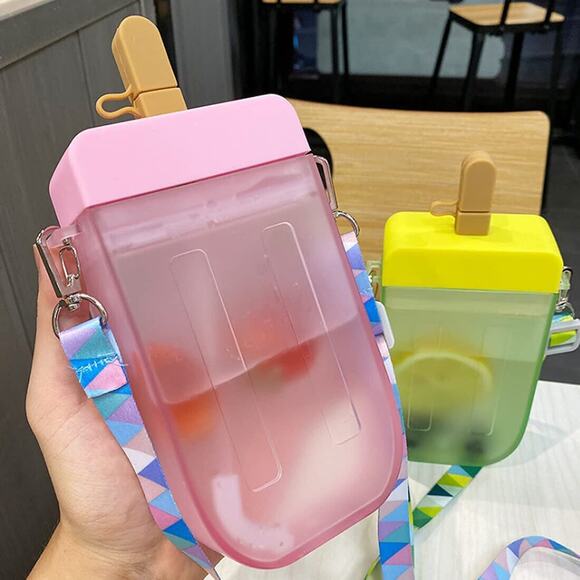 New Cute Straw Water Bottle Ice Cream Popsicle Cup with Shoulder Strap. Pink - Picture 4 of 11